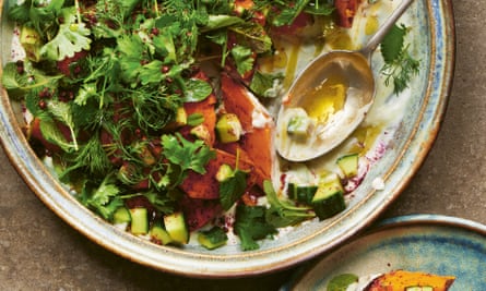 Roast sweet potato salad with loads of herbs and pink peppercorns