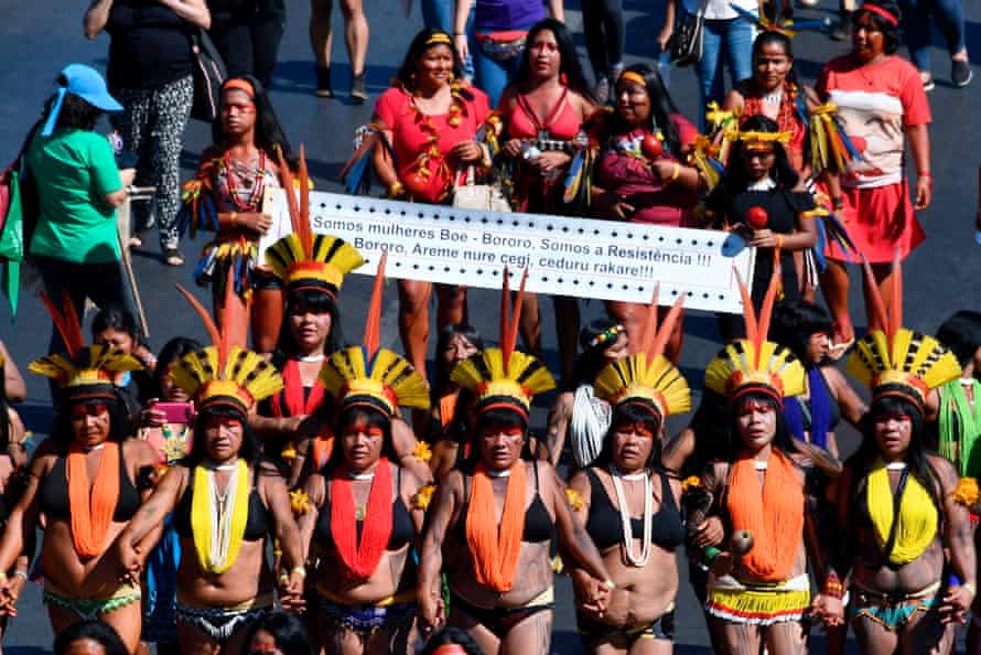 Brazilian indigenous women march in Brasilia on 13 August 2019, to denounce the ‘genocidal’ policies of President Jair Bolsonaro.