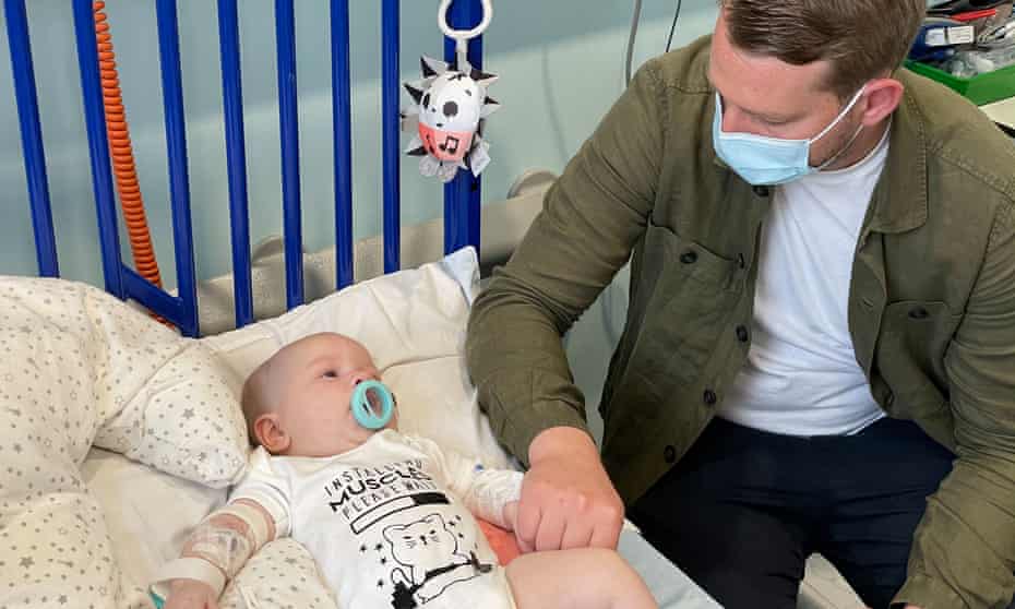 Arthur Morgan with his father in Evelina London children’s hospital where he received gene therapy for spinal muscular atrophy.