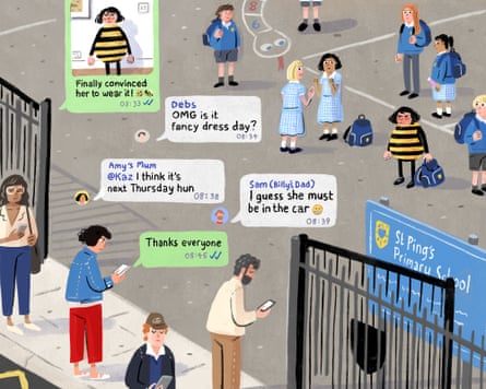 parents whatsapp group gawping at their phones at the school gates while kids stand in the playground