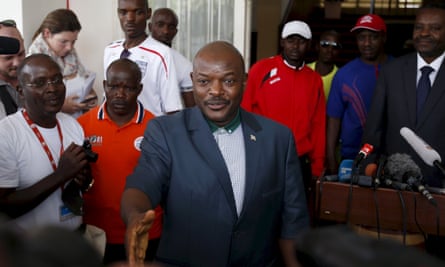 Burundi’s president Pierre Nkurunziza greets journalists in Bujumbura in May.