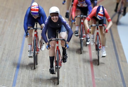 Katie Archibald, centre, will be hoping her winning streak continues after triumphing in the Women’s Points Race Final at the 2018 National Track Championships in January.