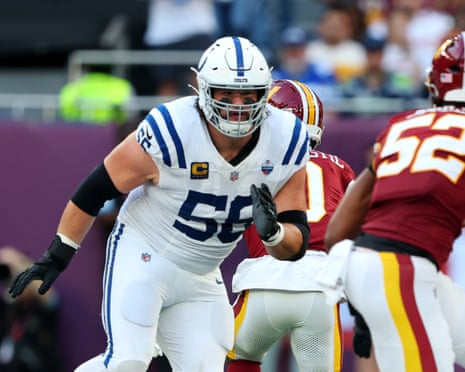 Quenton Nelson looks to make a hit during a Colts game against the Commanders.