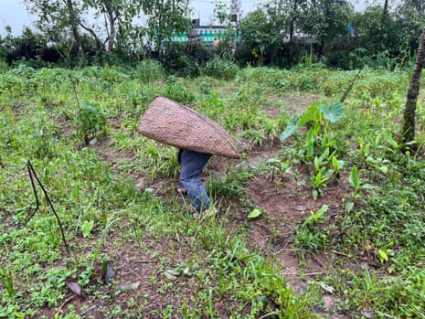 A man’s feet can be seen under a bamboo rainshield among plants