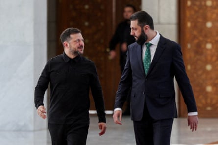 Volodymyr Zelenskyy meets Syria’s President Ahmed al-Sharaa in Damascus on Sunday.