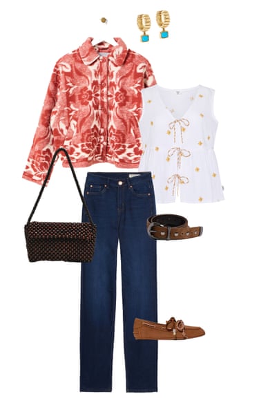 A composite image of a red and white rose patterned jacket, gold hoop earrings with a turquoise charm, white tie front vest, dark blue straight leg jeans, brown belt with silver studs, brown beaded shoulder bag and brown suede moccasins on a white background.