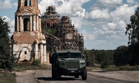 A Ukrainian armoured infantry vehicle on the road from Sumy to the border with Russia.