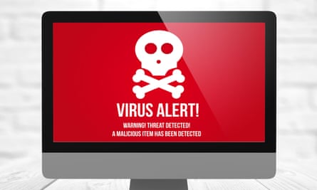 Tech-support scams often begin with a pop-up virus warning that advises the user to call a phone number to receive help.