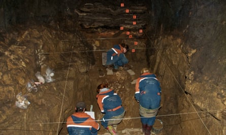 The excavation of the female Neanderthal’s remains, in the Denisova cave in the Altai Mountains.