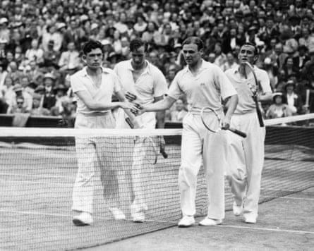 Charles Hare (second left) and Frank Wilde (left) congratulate Pat Hughes (right) and Raymond Tuckey (second right) connected their Wimbledon doubles last triumph successful 1936.
