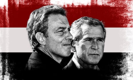 blair and bush in black and white on a red, white and black background