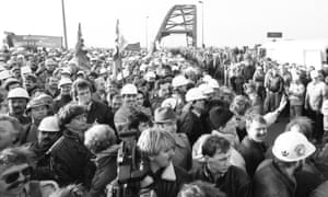 Krupp steelworkers occupying a bridge over the Rhine in 1987.
