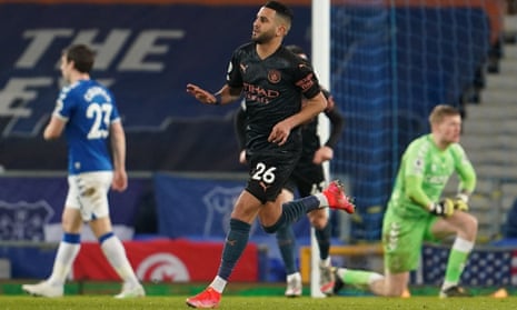 Manchester City’s Riyad Mahrez celebrates scoring their second goal.