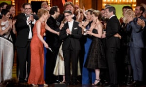 Bechdel with the cast and creative team of Fun Home, which won the award for best musical at the 2015 Tonys.