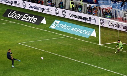 Kylian Mbappé scores France’s third goal against Scotland