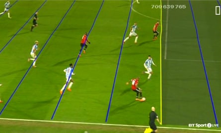 Manchester United’s Juan Mata is ruled offside by the VAR against Huddersfield.