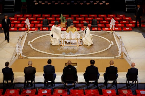 The dohyo-matsuri (ring blessing ceremony) taking place in the centre of the Royal Albert Hall before the start of the tournament