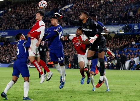 Arsenal's Takehiro Tomiyasu and Gabriel Jesus in action with Chelsea's Levi Colwill and keeper Robert Sanchez.