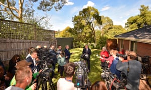 Bill Shorten during his press conference in the backyard of the Mitcham family Richard Davis and Jacqui Davis
