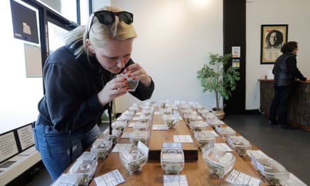 The nose knows: a customer sniffs display samples at Evergreen Cannabis in Vancouver.