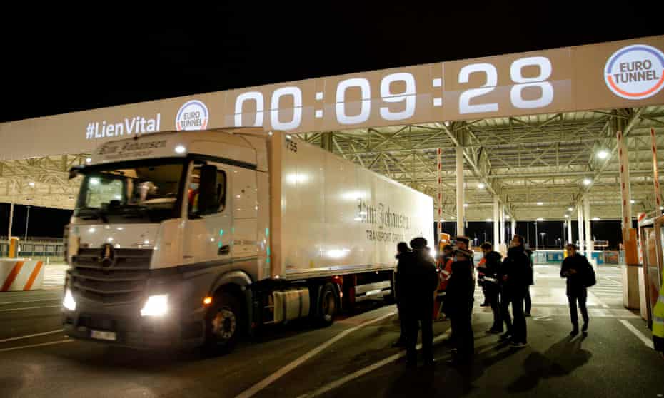 The first vehicle entering the Eurotunnel terminal following Brexit, Coquelles, France, 1 January 2021