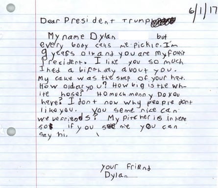 A letter from a nine-year-old to Donald Trump, handed out by the White House.