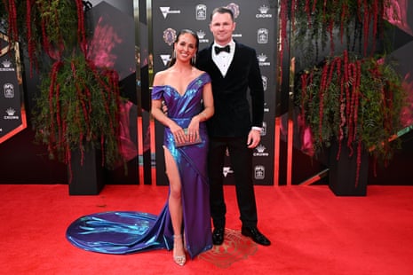 AFL Player Patrick Dangerfield and Mardi Harwood arrive at the 2023 Brownlow Medal ceremony at Crown Palladium in Melbourne.