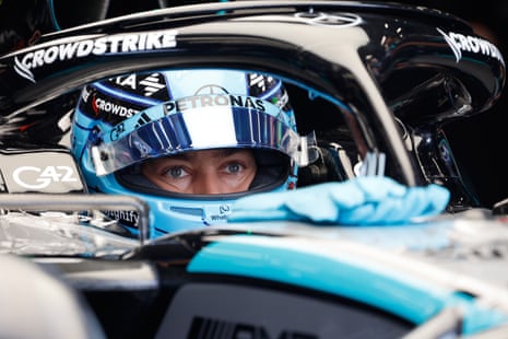 George Russell sits in his Mercedes waiting to go out during the first free practice for the F1 Belgian GP