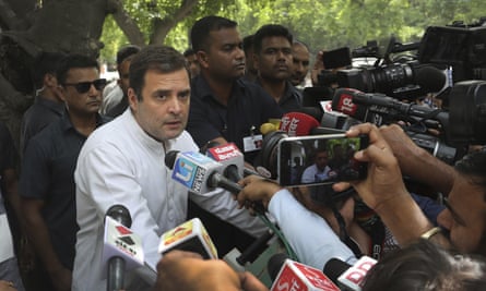 Rahul Gandhi talks to the media after casting his vote.