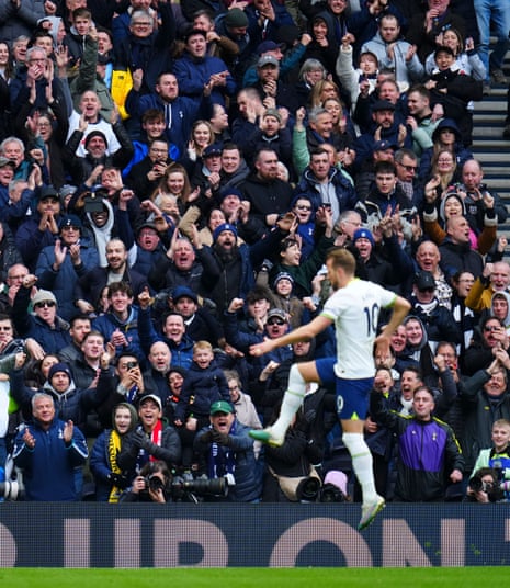 Fans celebrate the opening goal from Harry Kane of Tottenham Hotspur against Nottingham Forest.