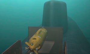 A screengrab take from Russian promotional video footage shows a submarine launching an unmanned nuclear-power submersible, part of the range of weapons announced by Vladimir Putin.