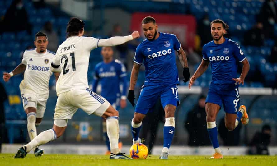 Everton’s Joshua King tries to get past Leeds’ Pascal Struijk at Elland Road.