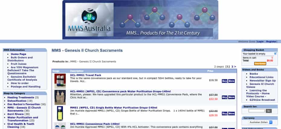Screenshot of the website of The Australian chapter of the Genesis II Church of Health and Healing selling industrial bleach