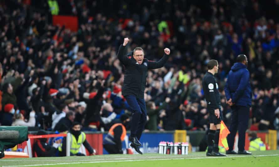 Ralf Rangnick celebrates after Fred found the net for Manchester United.