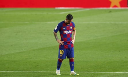 A dejected Messi after the home defeat to Osasuna in July which saw them all but hand the Spanish title to bitter rivals Real Madrid.