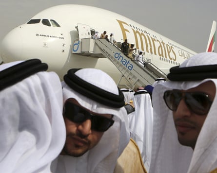 Emirati officials in front of an Emirates Airbus A380 on the opening day of the Dubai airshow in 2018.