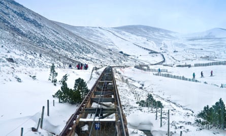 View from carriage of funicular railway of track rising to the Ptarmigan building, high on Cairngorm Mountain, Aviemore