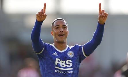Youri Tielemans celebrates after scoring Leicester’s first goal in their 2-1 victory over Brentford.