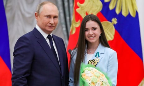 Vladimir Putin, picutred with figure skater Kamila Valieva at a Russian state awards ceremony for 2022 Winter Olympic athletes.