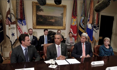 Michelle DeFord sits alongside President Barack Obama and the then secretary of state John Kerry at a White House meeting in 2015.