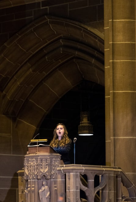 Soprano Susanne Bernhard in the pulpit at Liverpool Cathedral.