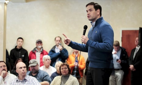 Senator Marco Rubio speaks to supporters at a Miami Dolphins versus New England Patriots watch party in Atkinson, New Hampshire, on Sunday.