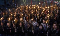 TOPSHOT-ARMENIA-TURKEY-HISTORY-GENOCIDE<br>TOPSHOT - People take part in a torchlight procession as they mark the anniversary of the killing of 1.5 million Armenians by Ottoman forces, Yerevan, April 23, 2019. - Armenians commemorate on April 24, the 104th anniversary of the killing of 1.5 million by Ottoman forces, as a fierce dispute still rages with Turkey over Ankara's refusal to recognise the mass murder as genocide. (Photo by KAREN MINASYAN / AFP)KAREN MINASYAN/AFP/Getty Images