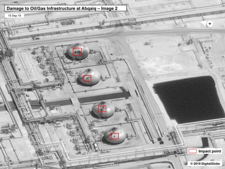 A satellite image released by the US of the Abqaiq facility. US officials said it shows that the attack came from the north or north-west, but this photo appears to show damage on the west.
