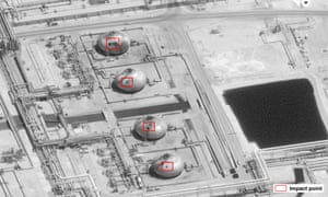 Damage to the infrastructure at Saudi Aramco’s Abaqaiq oil processing facility in Buqyaq, Saudi Arabia.