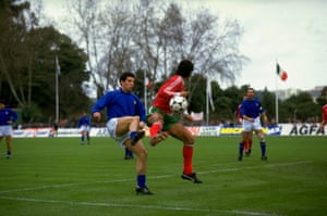 Gianluca Vialli takes on Dito of Portugal during European Championship qualifying match in 1987