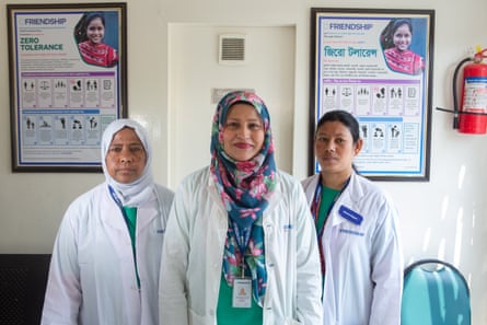Dr Mosamat Kulsum (centre), flanked by two health workers for the Friendship charity at a clinic in Bangladesh.