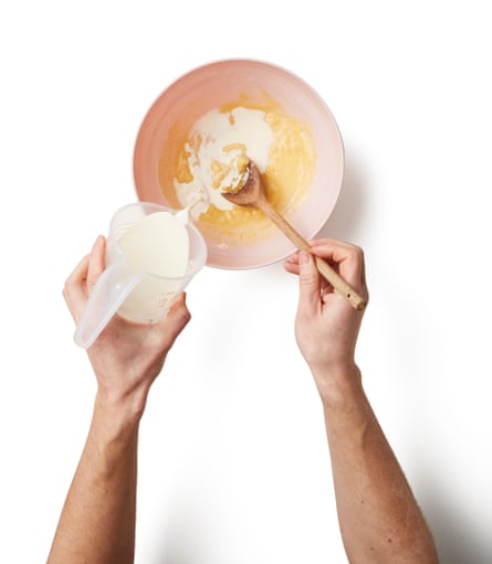 Stir the flour, baking powder and salt into the butter mixture, followed, bit by bit by the milk, and mix until you have a smooth batter.