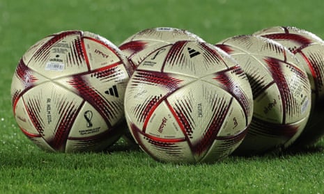 "Al Hilm" balls which will be used in the Qatar 2022 World Cup football semi-finals and final.