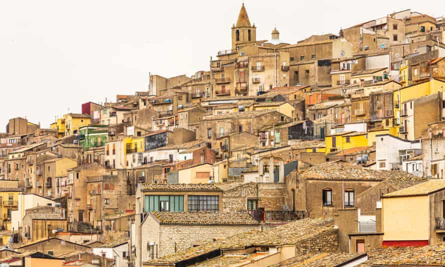 View of houses and buildings in the ancient hill town of Prizzi, Province of Palermo.